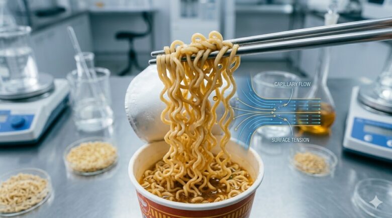 清潔な白色光の下、箸で持ち上げられたカップラーメンのちぢれ麺の超接写（マクロ）。スープが物理的に麺に絡んでいる様子を強調。背景は清潔なラボのステンレス。