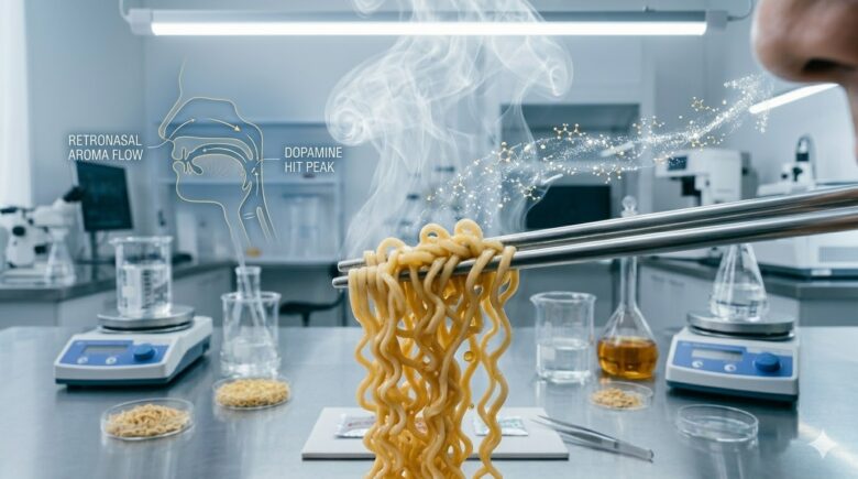 清潔な白色光の下、箸で持ち上げられたカップラーメンのちぢれ麺。麺から立ち上る湯気を、複雑に絡み合ったデジタルな香りの粒子や光の筋として捉え、口から鼻へ抜ける物理的な香りの動き（レトロネーザル）を強調。背景は清潔なラボのステンレス。