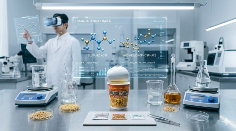 清潔なステンレスの作業台の上、フラスコやビーカーに囲まれたカップラーメン。未来的で白く、清潔な研究所の光。