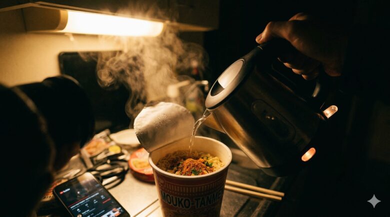 深夜のキッチンで電気ケトルからカップラーメンにお湯を注ぐ様子