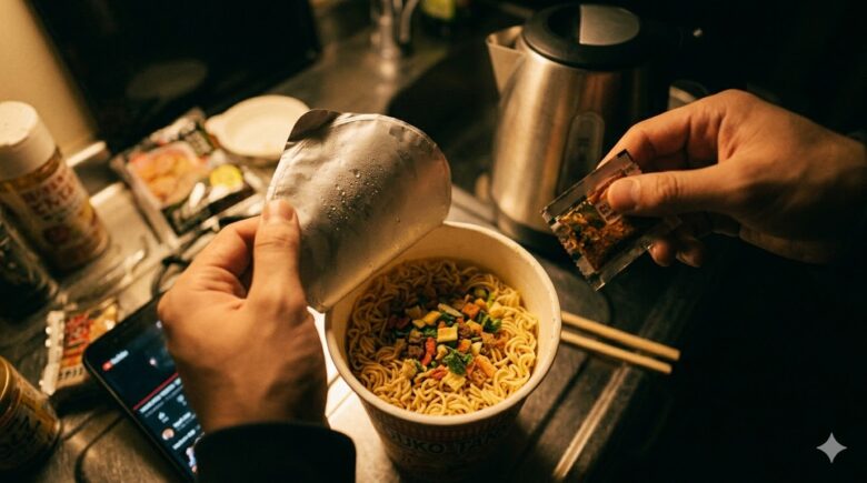 カップラーメンの蓋を剥がして蓋で温めていた小袋スープを入れようとする瞬間
